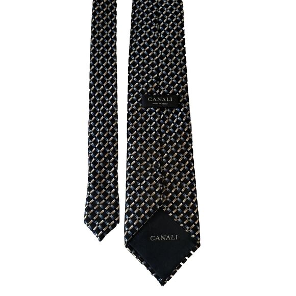 Canali Italy Silk Tie Geometric Woven Pattern Black Blue Beige Checkered Design - Picture 7 of 7